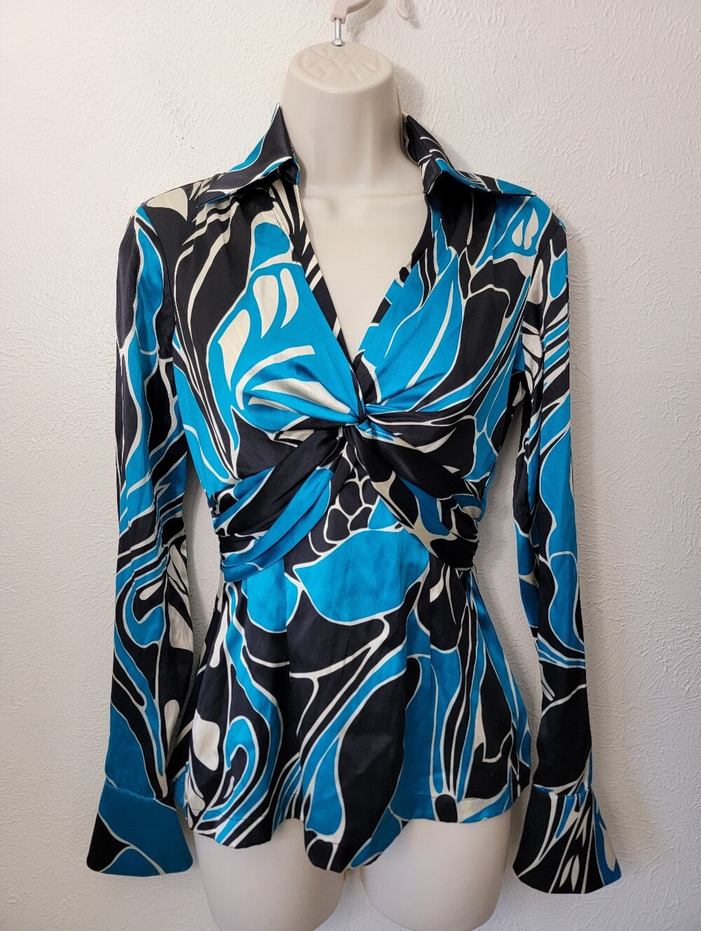 Cache 100% Silk Twist-Front Turquoise Blue Abstract Print Long-Sleeve Top